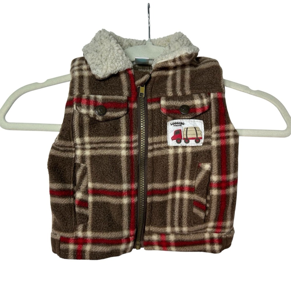 Kids Play 12M Plaid Fleece Vest Brown Red Logging Truck Patch Lumberjack